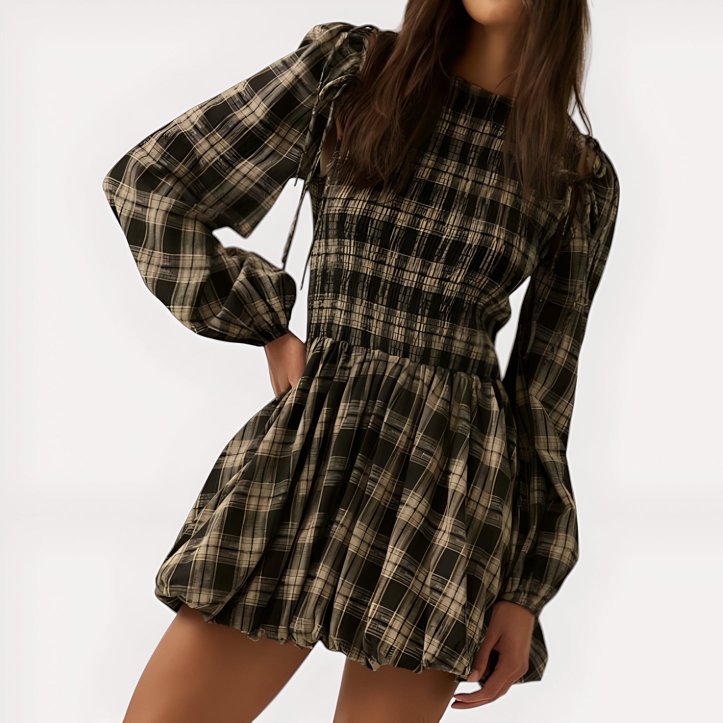 Plaid Bubble Hem Mini Dress with Smocked Bodice & Puff Sleeves