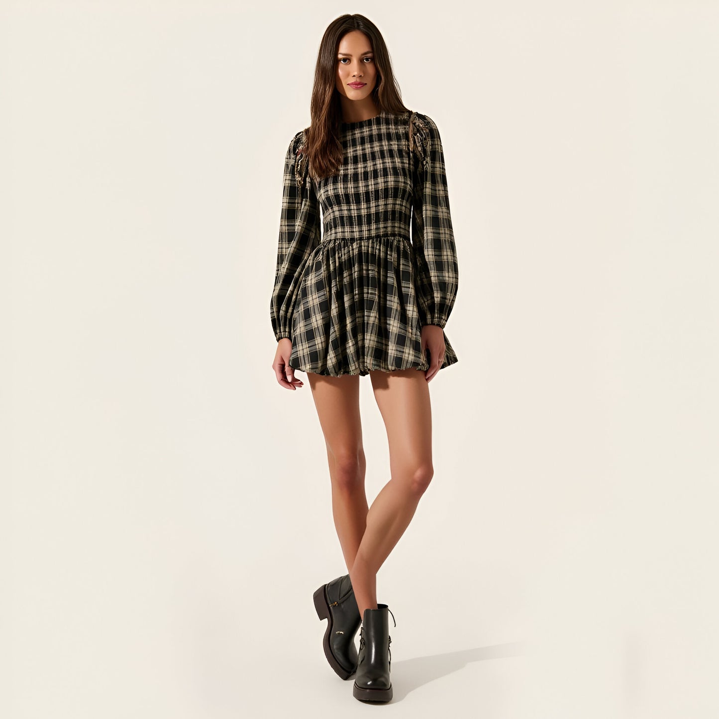 Plaid Bubble Hem Mini Dress with Smocked Bodice & Puff Sleeves