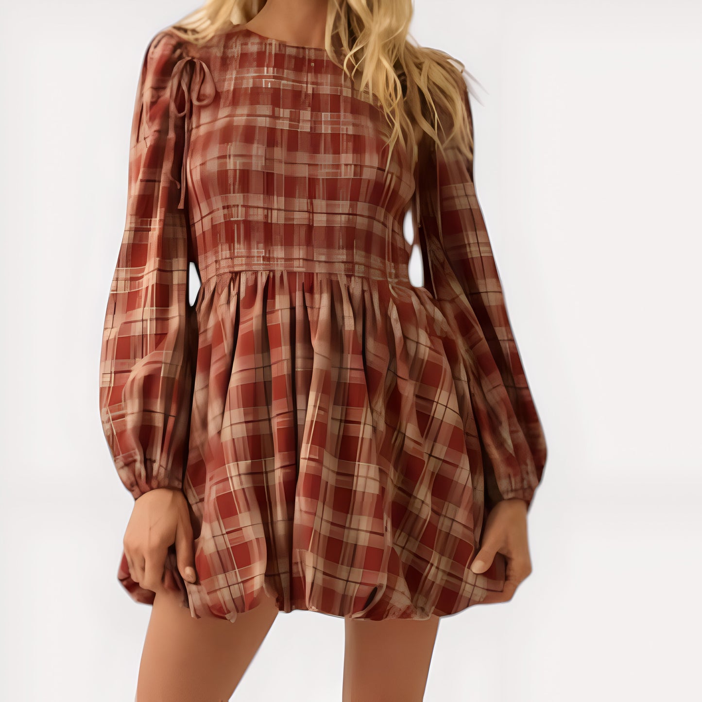 Plaid Bubble Hem Mini Dress with Smocked Bodice & Puff Sleeves