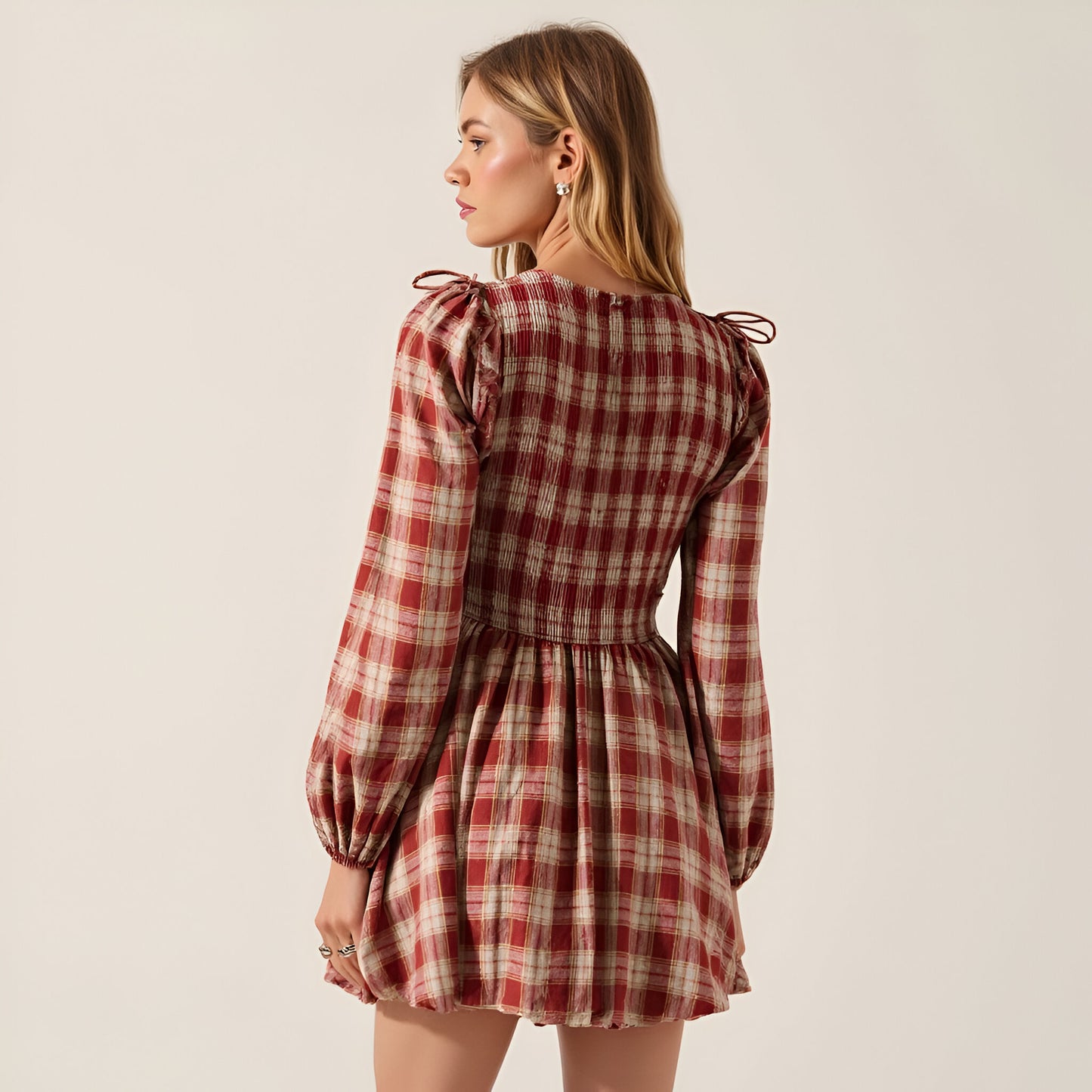Plaid Bubble Hem Mini Dress with Smocked Bodice & Puff Sleeves