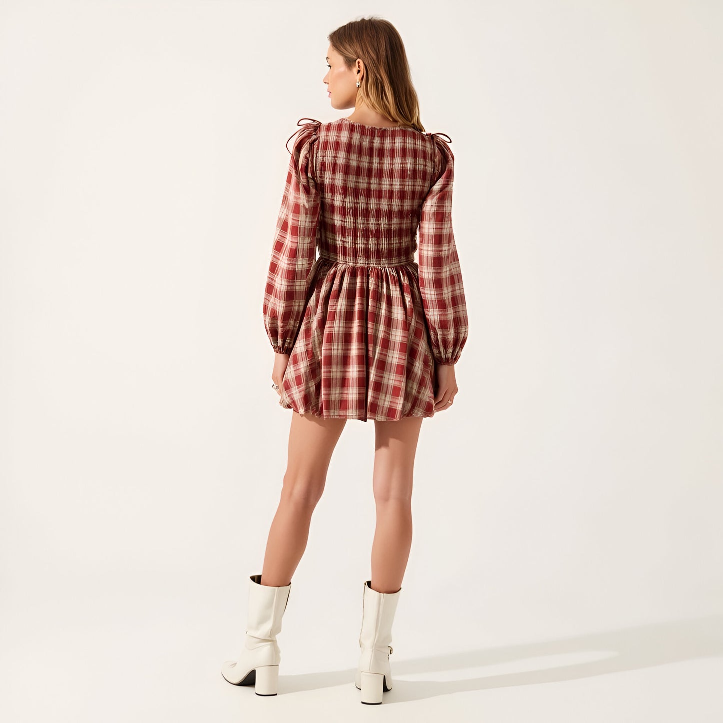 Plaid Bubble Hem Mini Dress with Smocked Bodice & Puff Sleeves