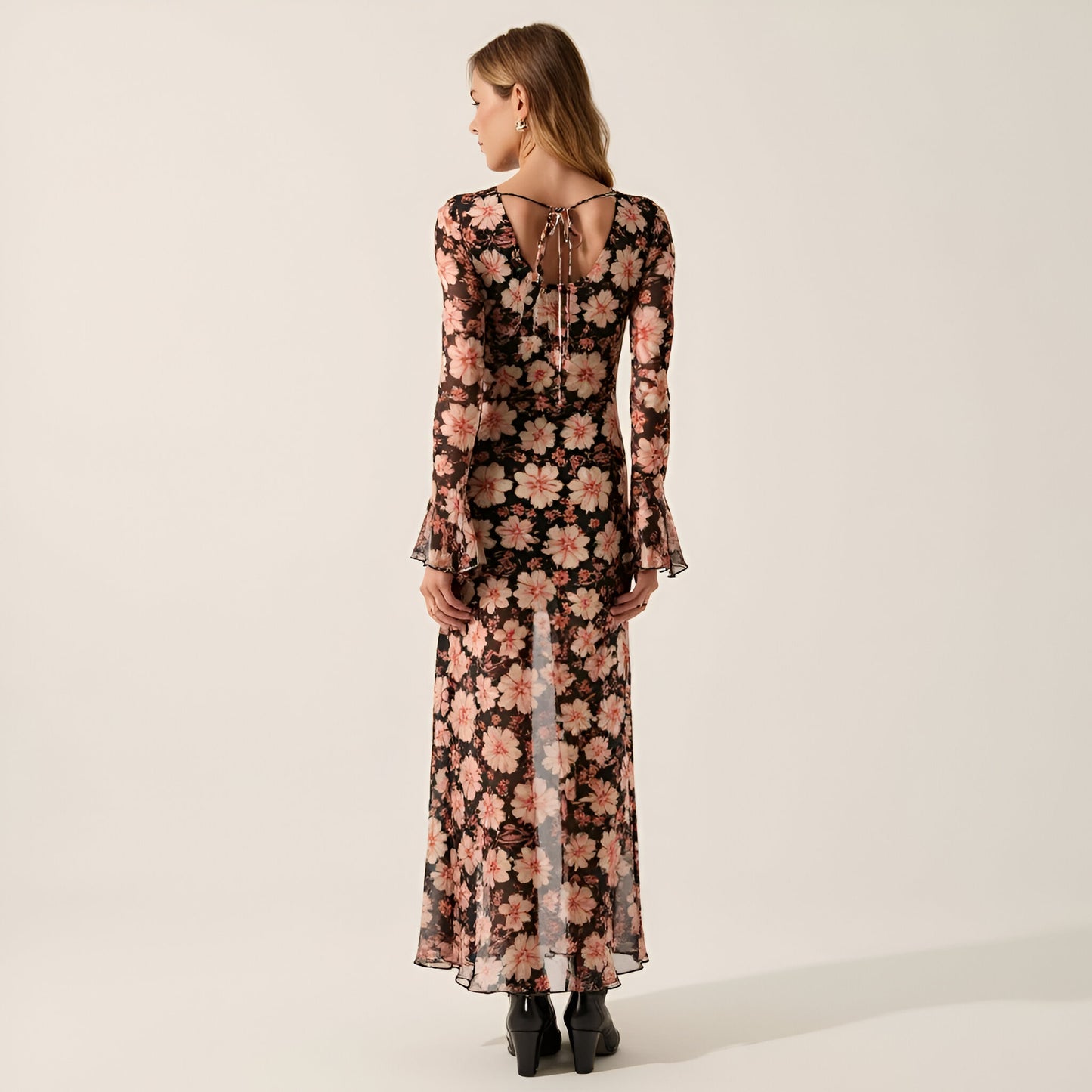 Floral Mesh Maxi Dress with Trumpet Sleeves, Drop Waist and Asymmetrical Slit Skirt