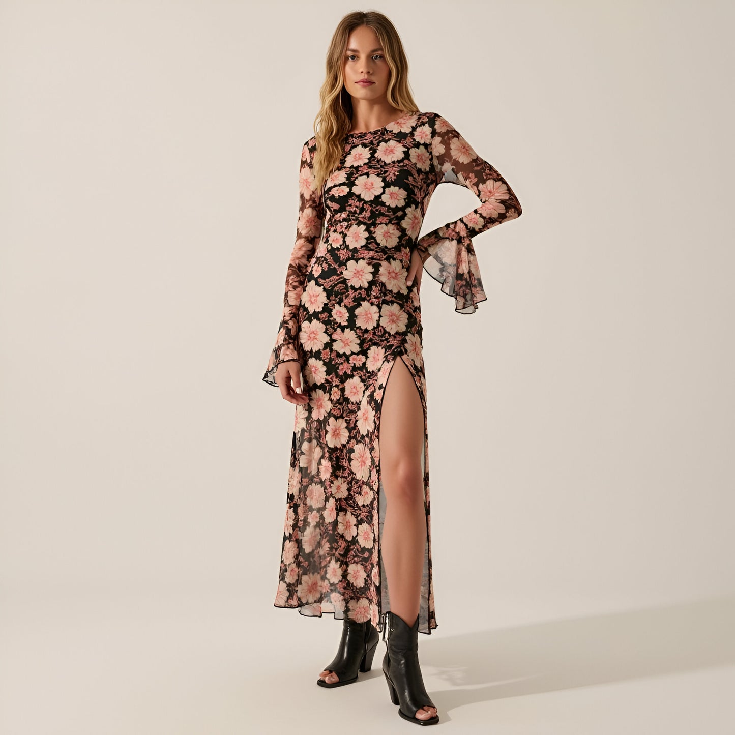 Floral Mesh Maxi Dress with Trumpet Sleeves, Drop Waist and Asymmetrical Slit Skirt
