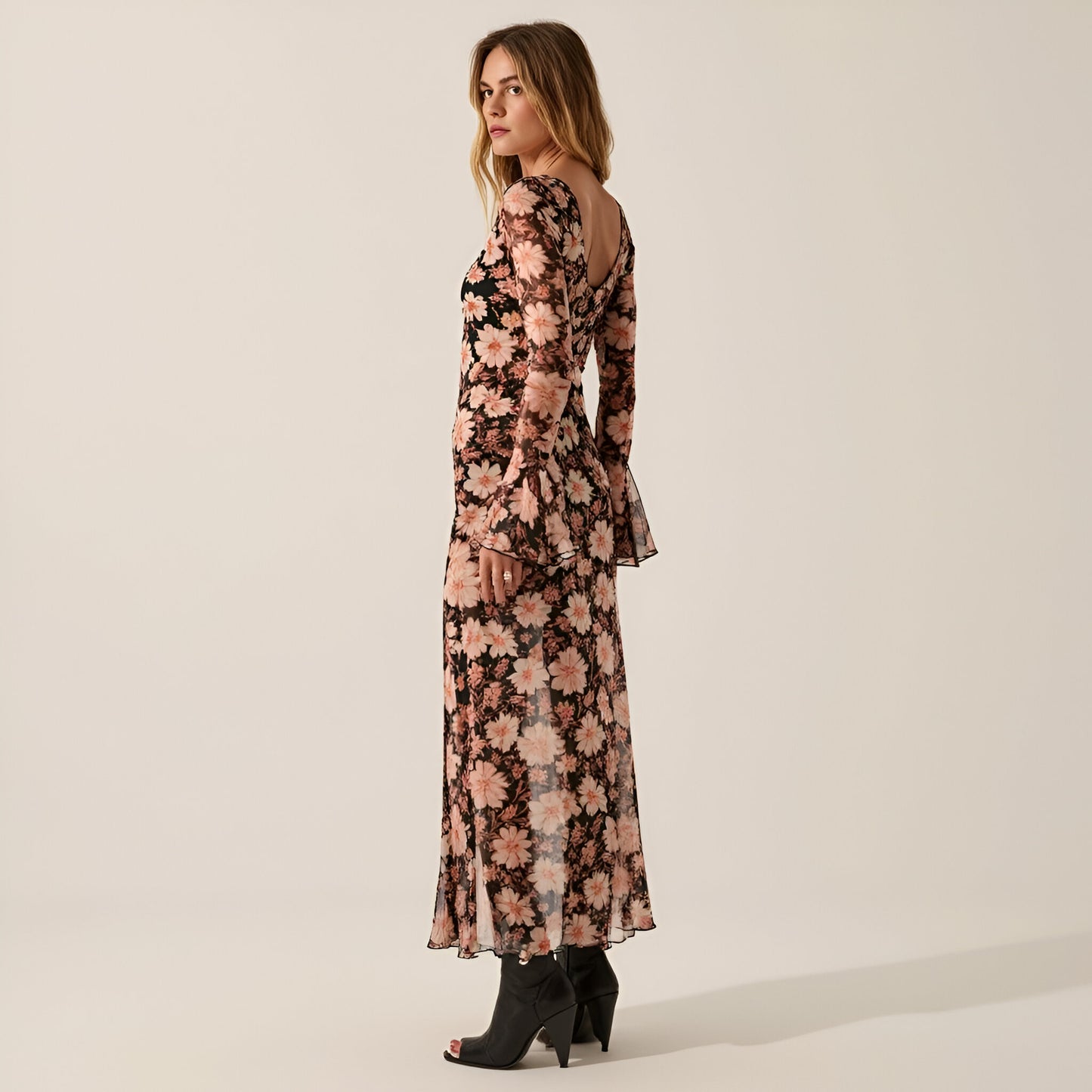 Floral Mesh Maxi Dress with Trumpet Sleeves, Drop Waist and Asymmetrical Slit Skirt