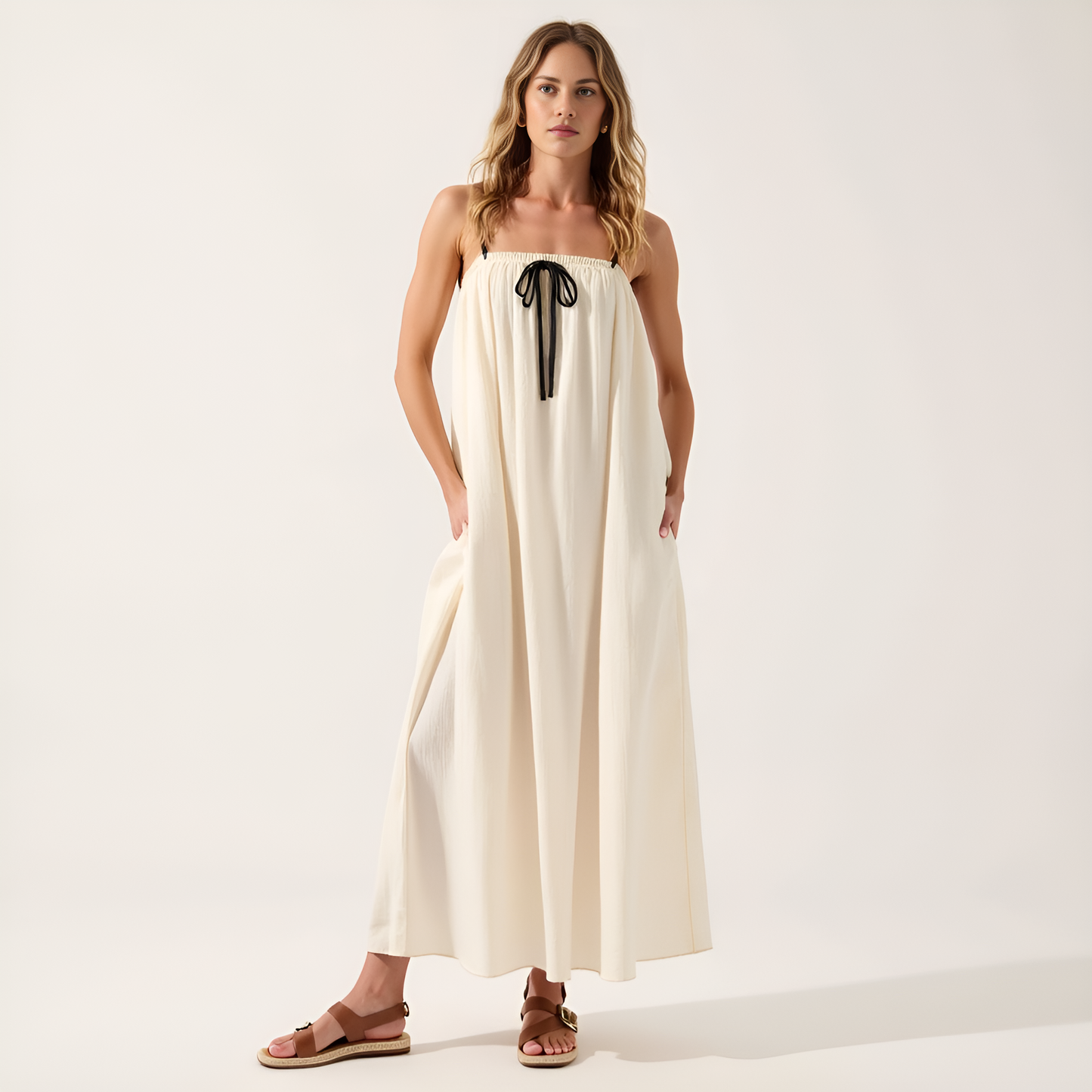Strapless Tie-Front Maxi Dress with Gathered Bodice and Relaxed Silhouette