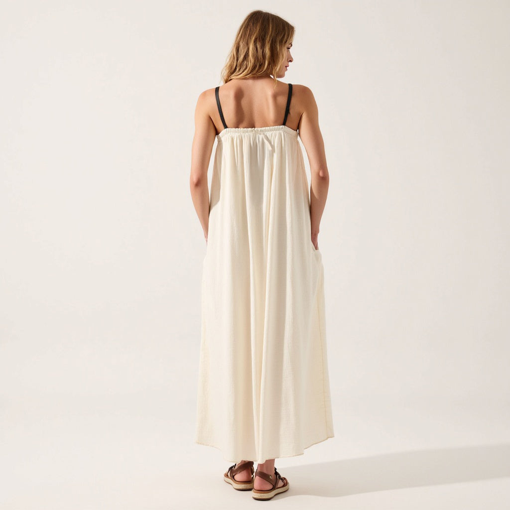 Strapless Tie-Front Maxi Dress with Gathered Bodice and Relaxed Silhouette