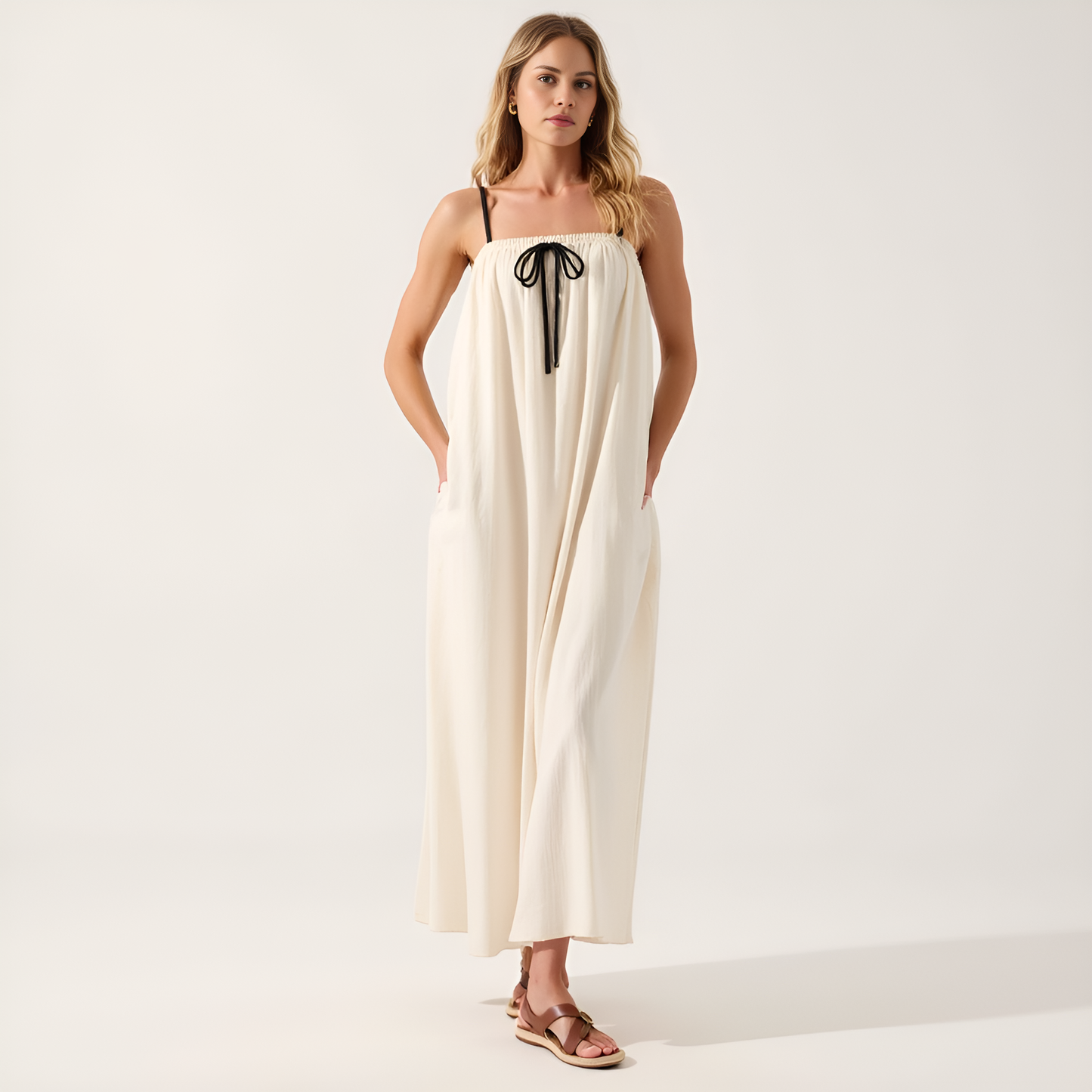 Strapless Tie-Front Maxi Dress with Gathered Bodice and Relaxed Silhouette