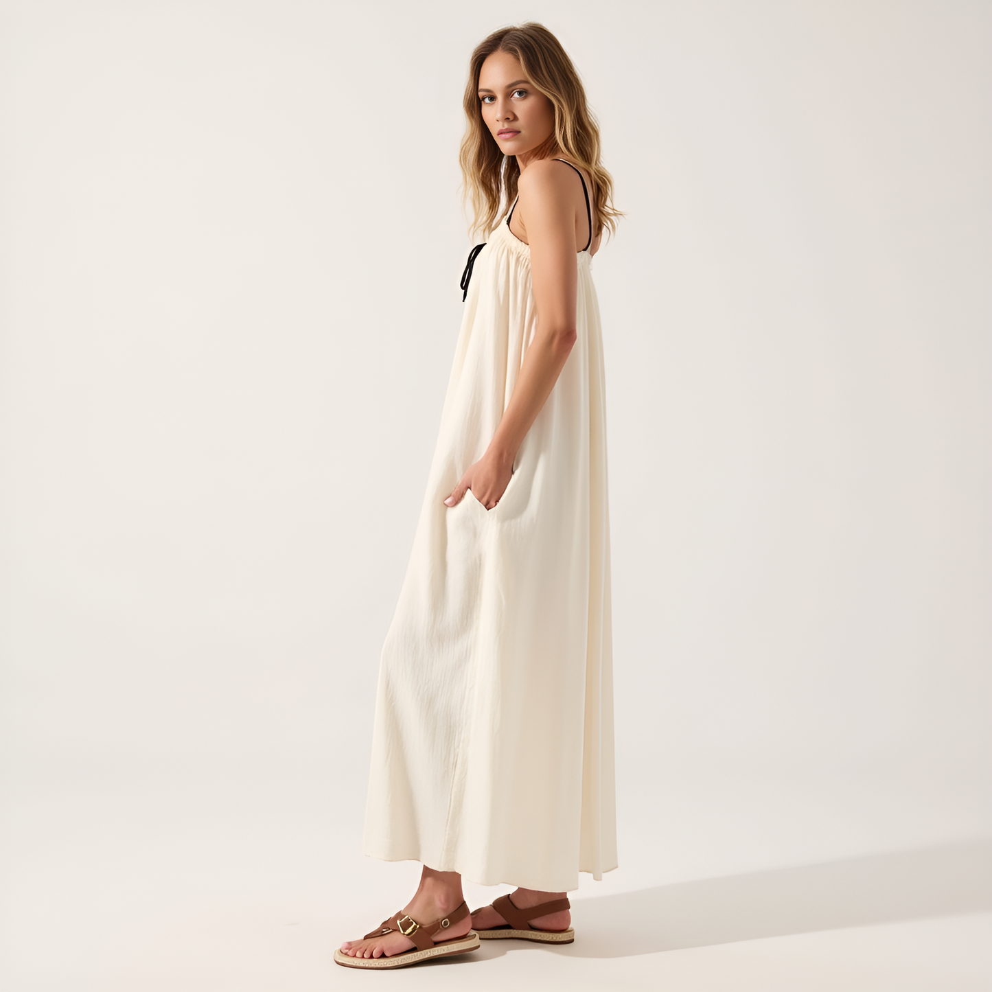 Strapless Tie-Front Maxi Dress with Gathered Bodice and Relaxed Silhouette