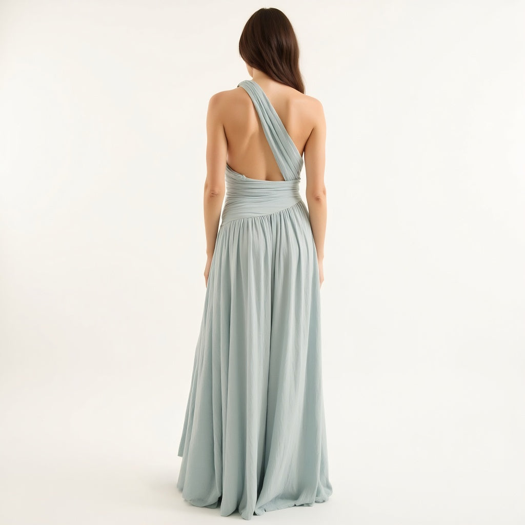 Pleated One-Shoulder Gown with Cutout Waist and Thigh Slit