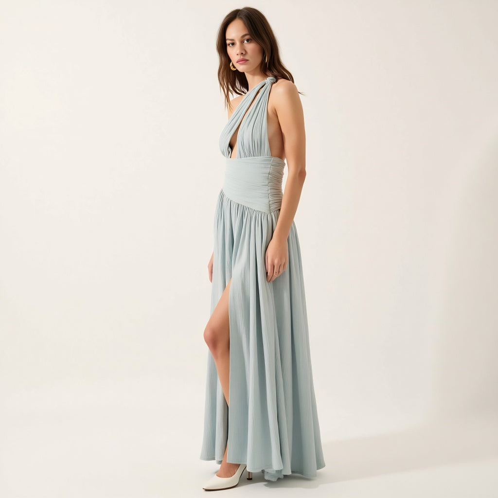 Pleated One-Shoulder Gown with Cutout Waist and Thigh Slit