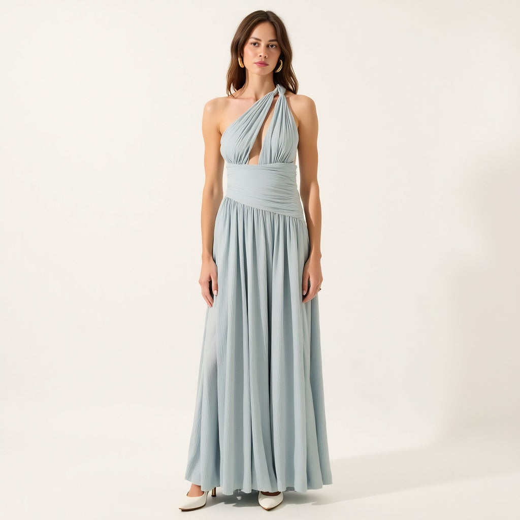Pleated One-Shoulder Gown with Cutout Waist and Thigh Slit