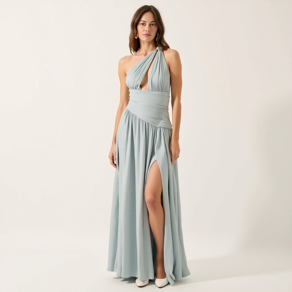Pleated One-Shoulder Gown with Cutout Waist and Thigh Slit