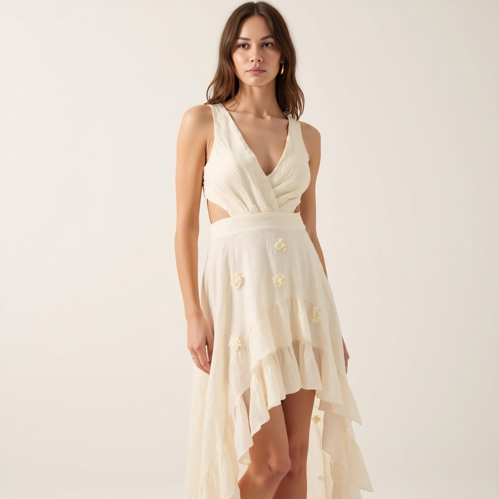 High-Low Ruffle Hem Dress with Cutout Waist and Wrap Bodice