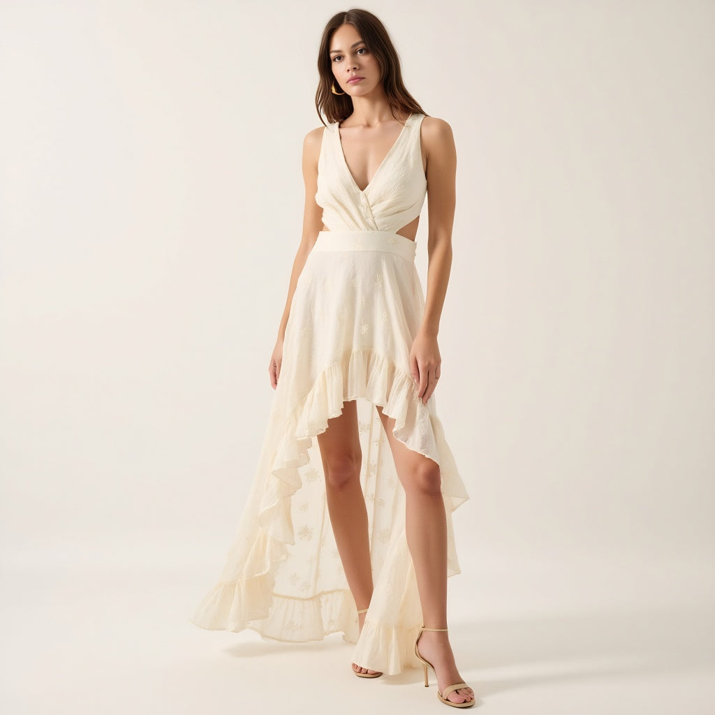 High-Low Ruffle Hem Dress with Cutout Waist and Wrap Bodice