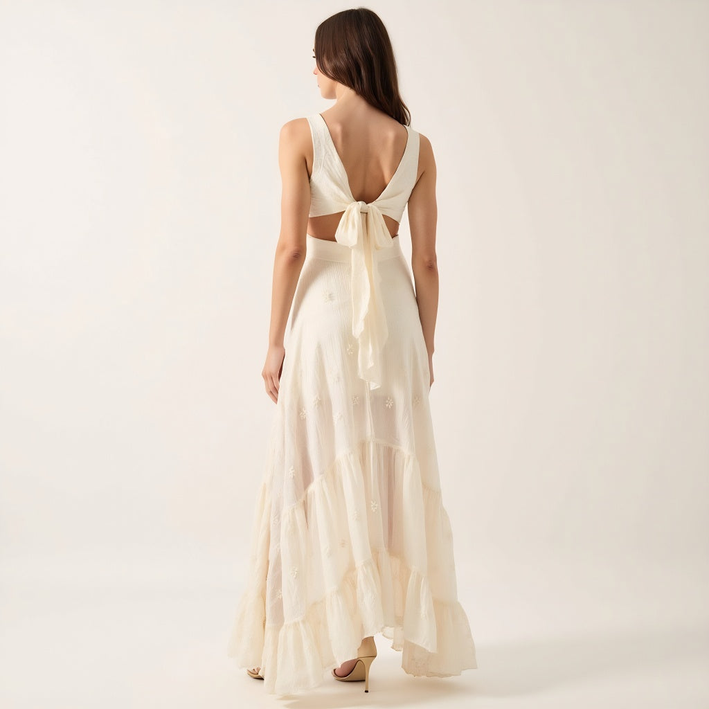 High-Low Ruffle Hem Dress with Cutout Waist and Wrap Bodice