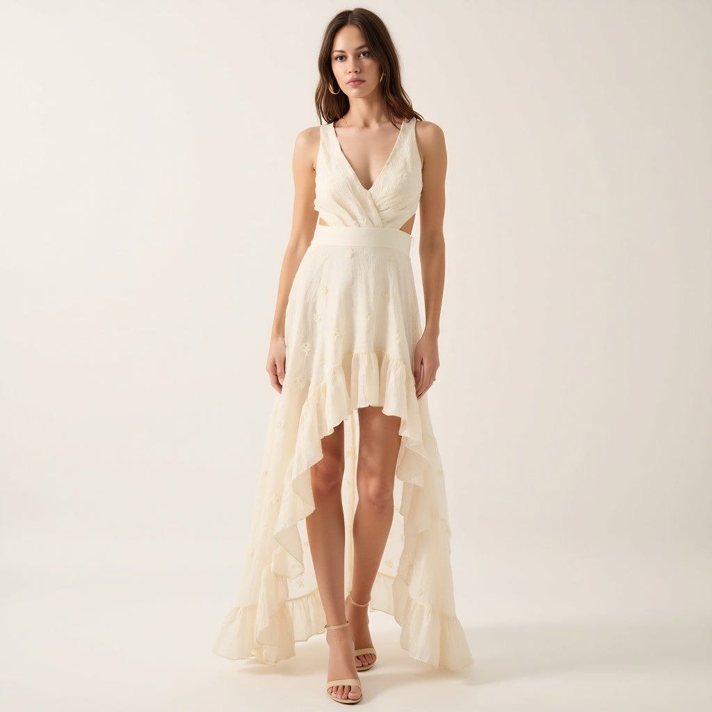 High-Low Ruffle Hem Dress with Cutout Waist and Wrap Bodice