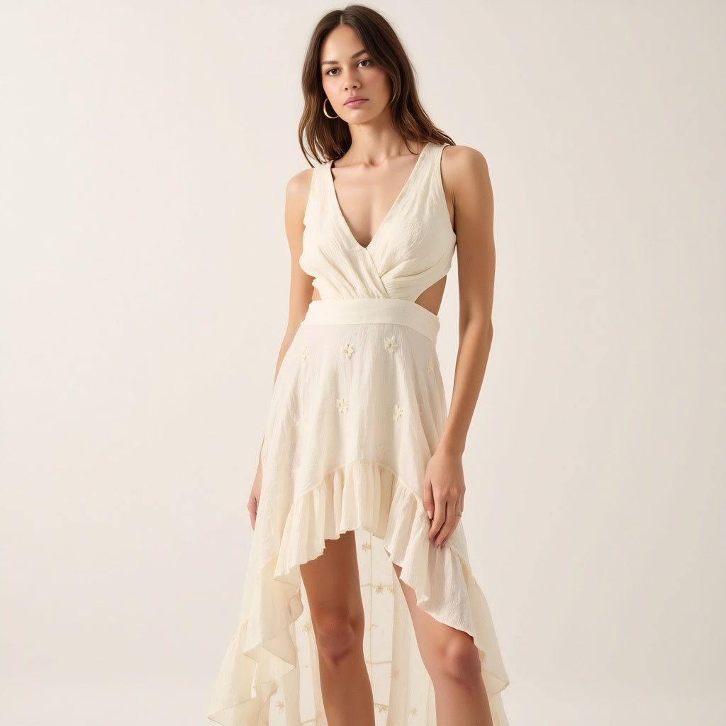 High-Low Ruffle Hem Dress with Cutout Waist and Wrap Bodice