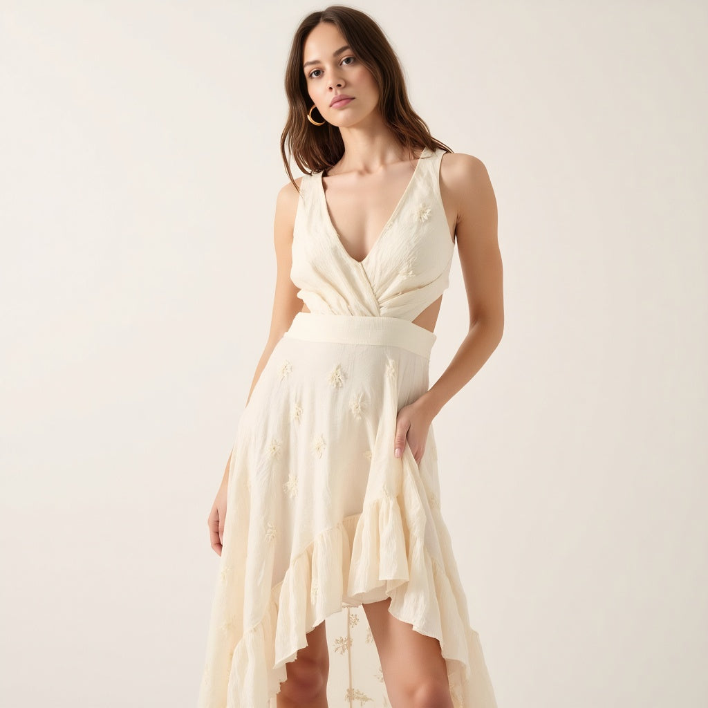 High-Low Ruffle Hem Dress with Cutout Waist and Wrap Bodice