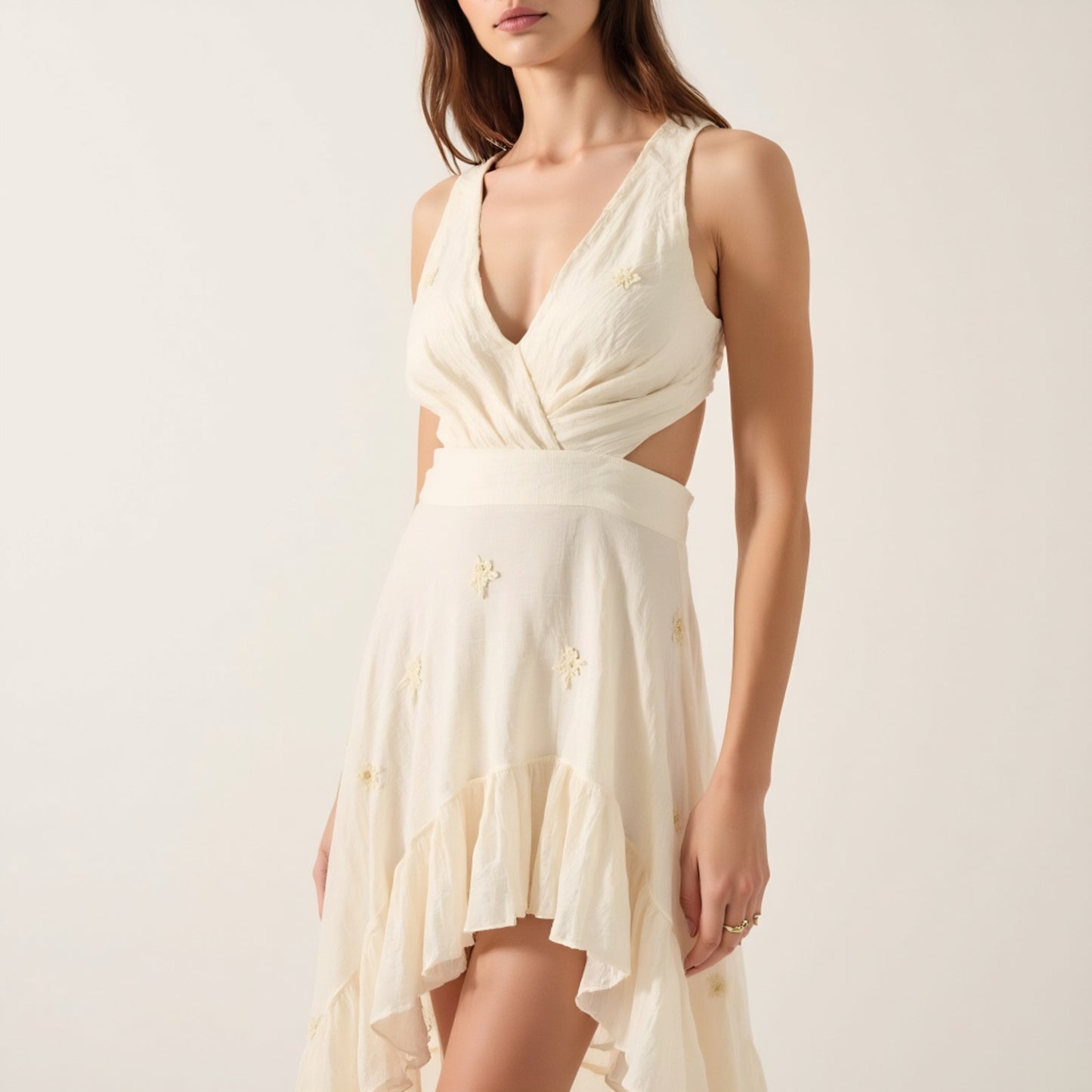 High-Low Ruffle Hem Dress with Cutout Waist and Wrap Bodice