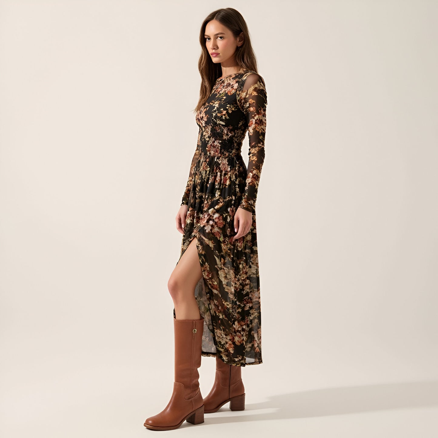 Floral Mesh Midi Dress with Contour Bodice, Smocked Waist and Gathered Skirt
