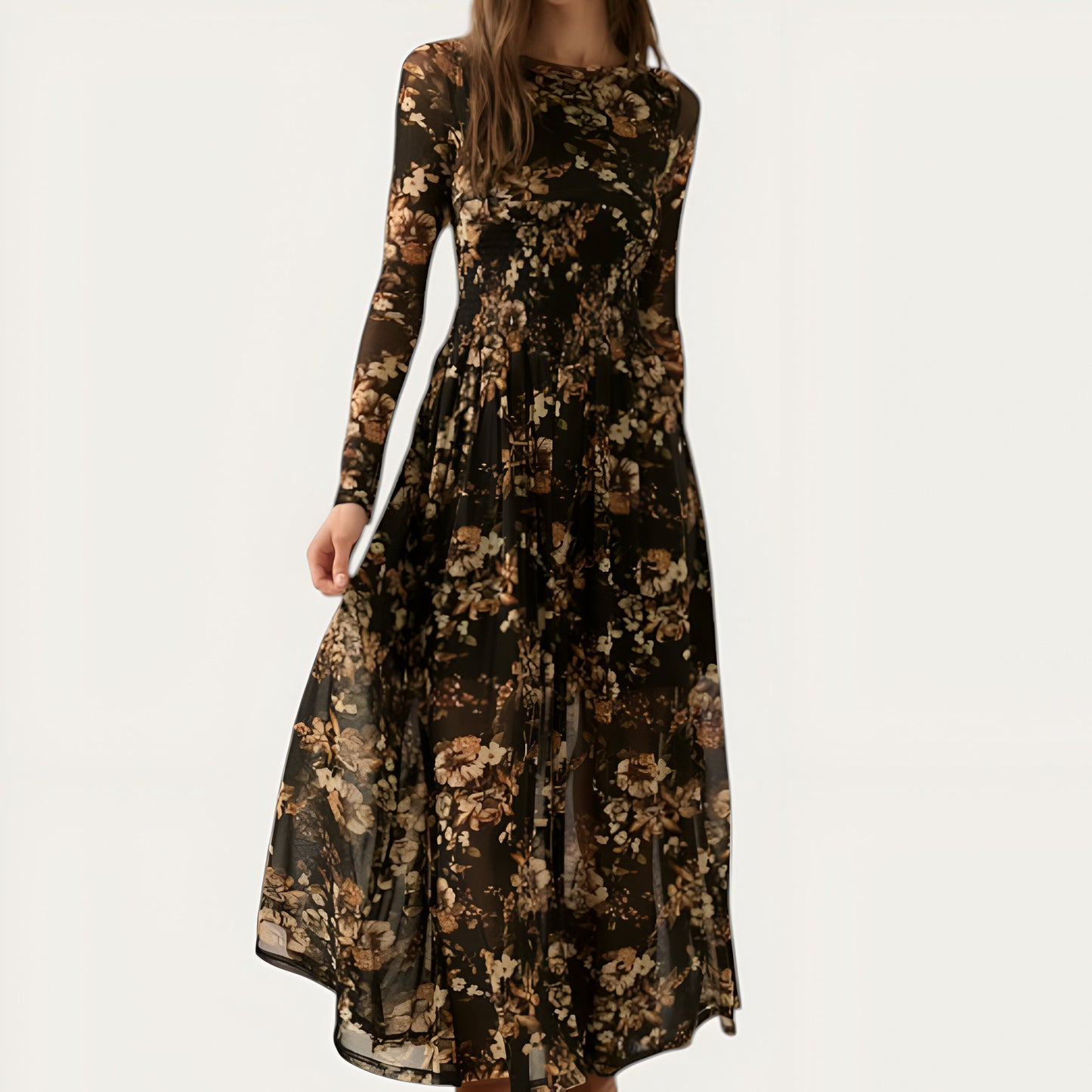 Floral Mesh Midi Dress with Contour Bodice, Smocked Waist and Gathered Skirt