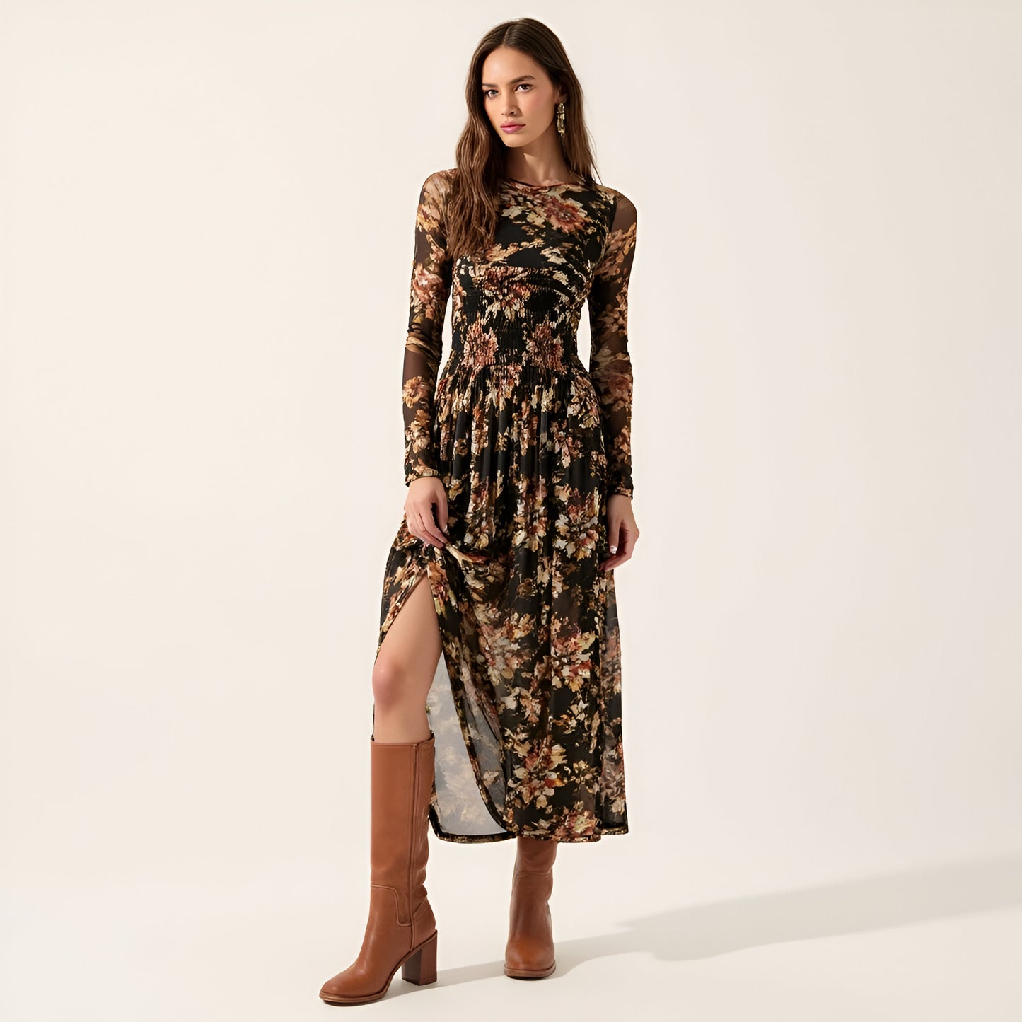 Floral Mesh Midi Dress with Contour Bodice, Smocked Waist and Gathered Skirt