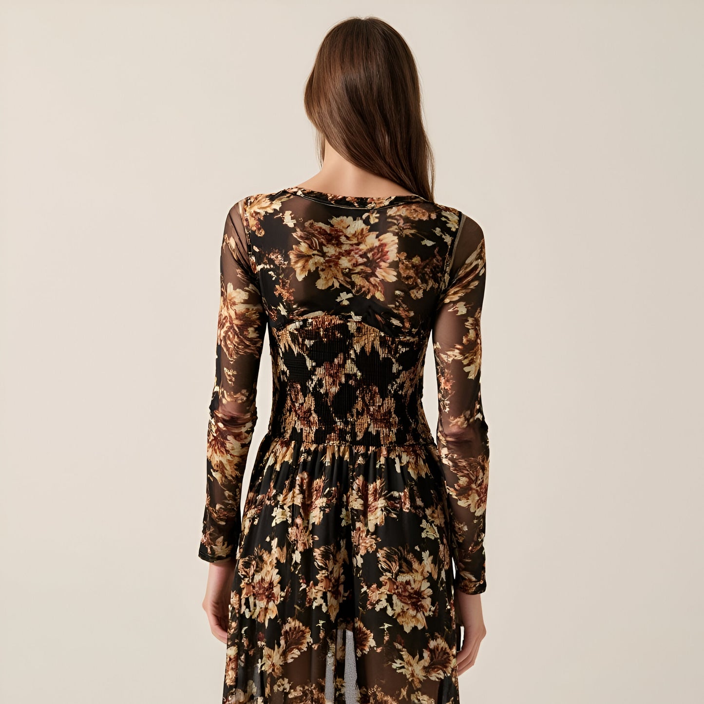 Floral Mesh Midi Dress with Contour Bodice, Smocked Waist and Gathered Skirt