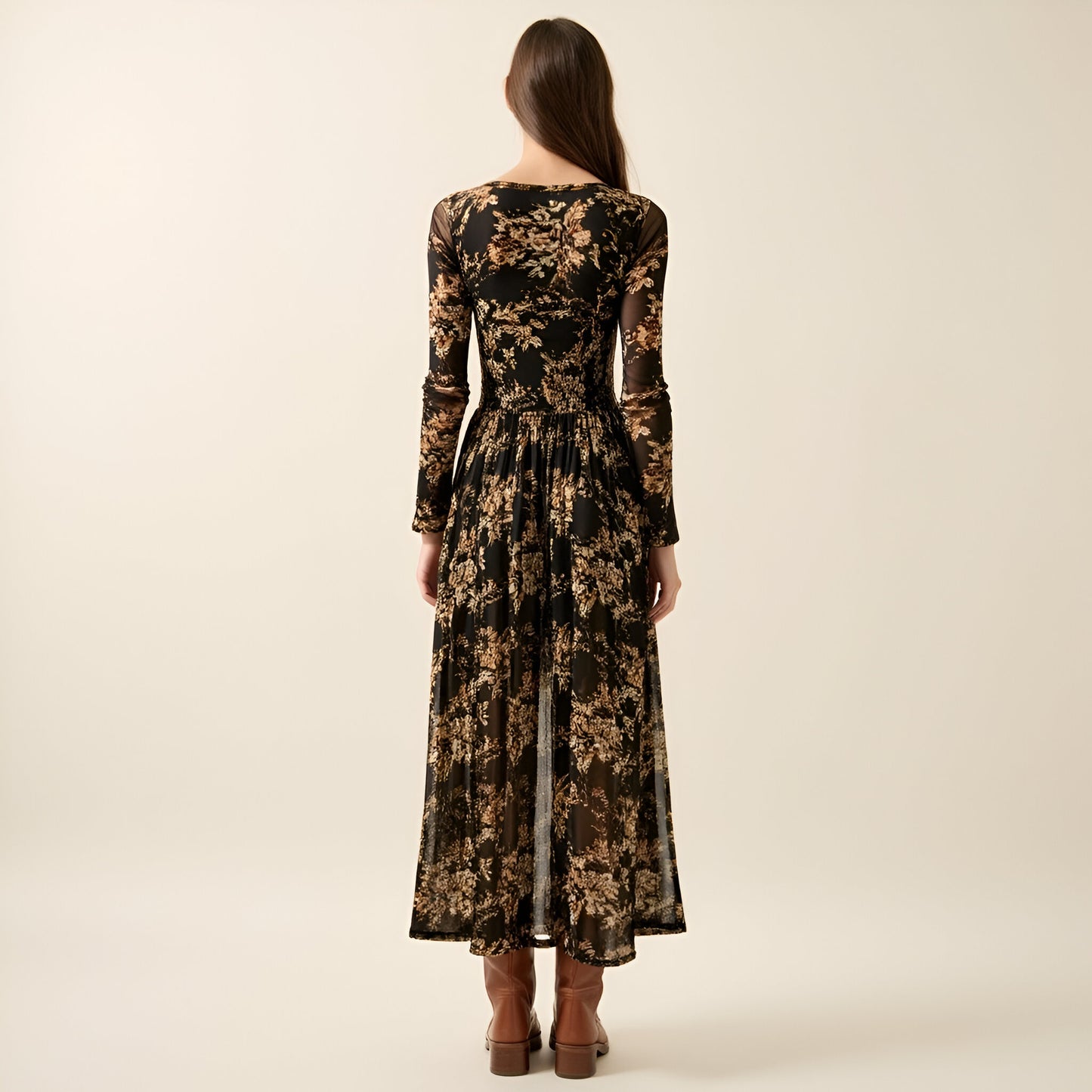 Floral Mesh Midi Dress with Contour Bodice, Smocked Waist and Gathered Skirt