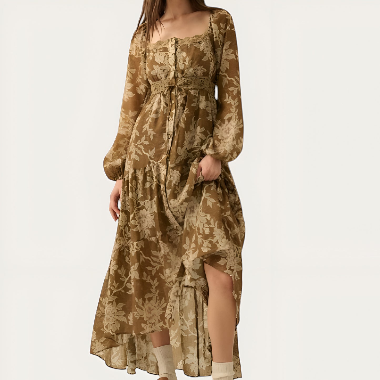 Floral Woven Maxi Dress with Lace Trim, Bubble Sleeves and Button Front