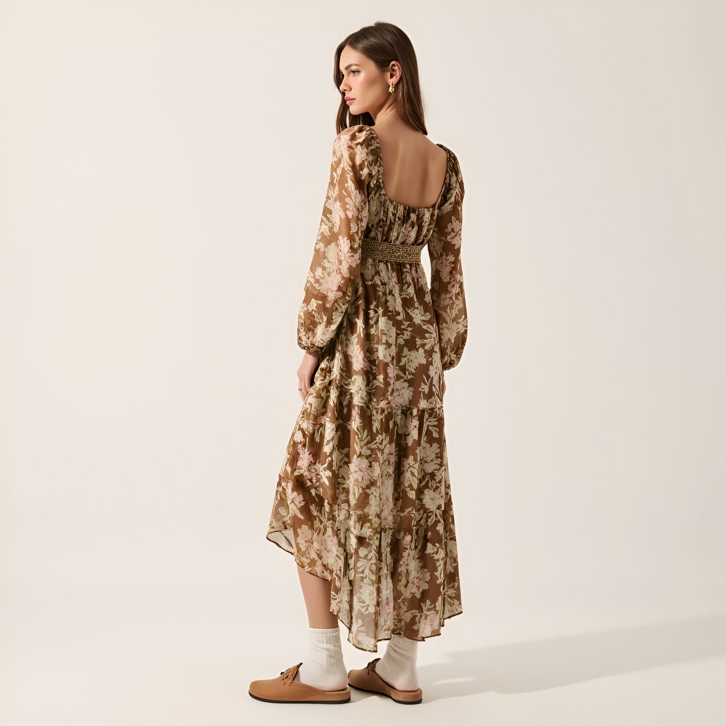 Floral Woven Maxi Dress with Lace Trim, Bubble Sleeves and Button Front