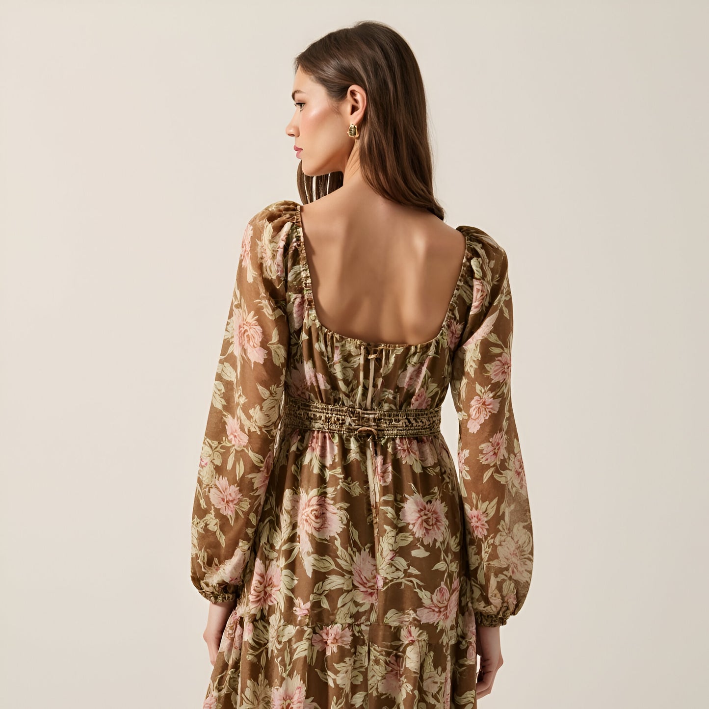 Floral Woven Maxi Dress with Lace Trim, Bubble Sleeves and Button Front