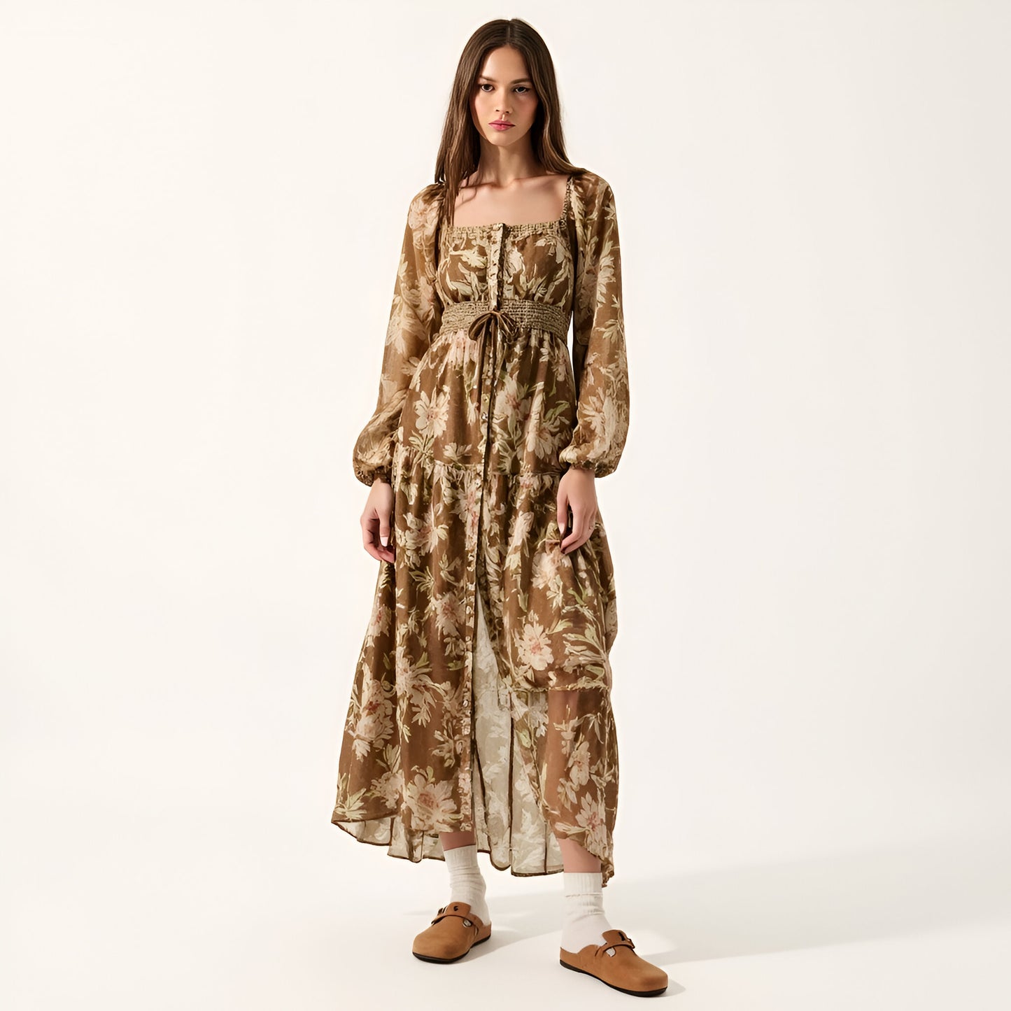 Floral Woven Maxi Dress with Lace Trim, Bubble Sleeves and Button Front