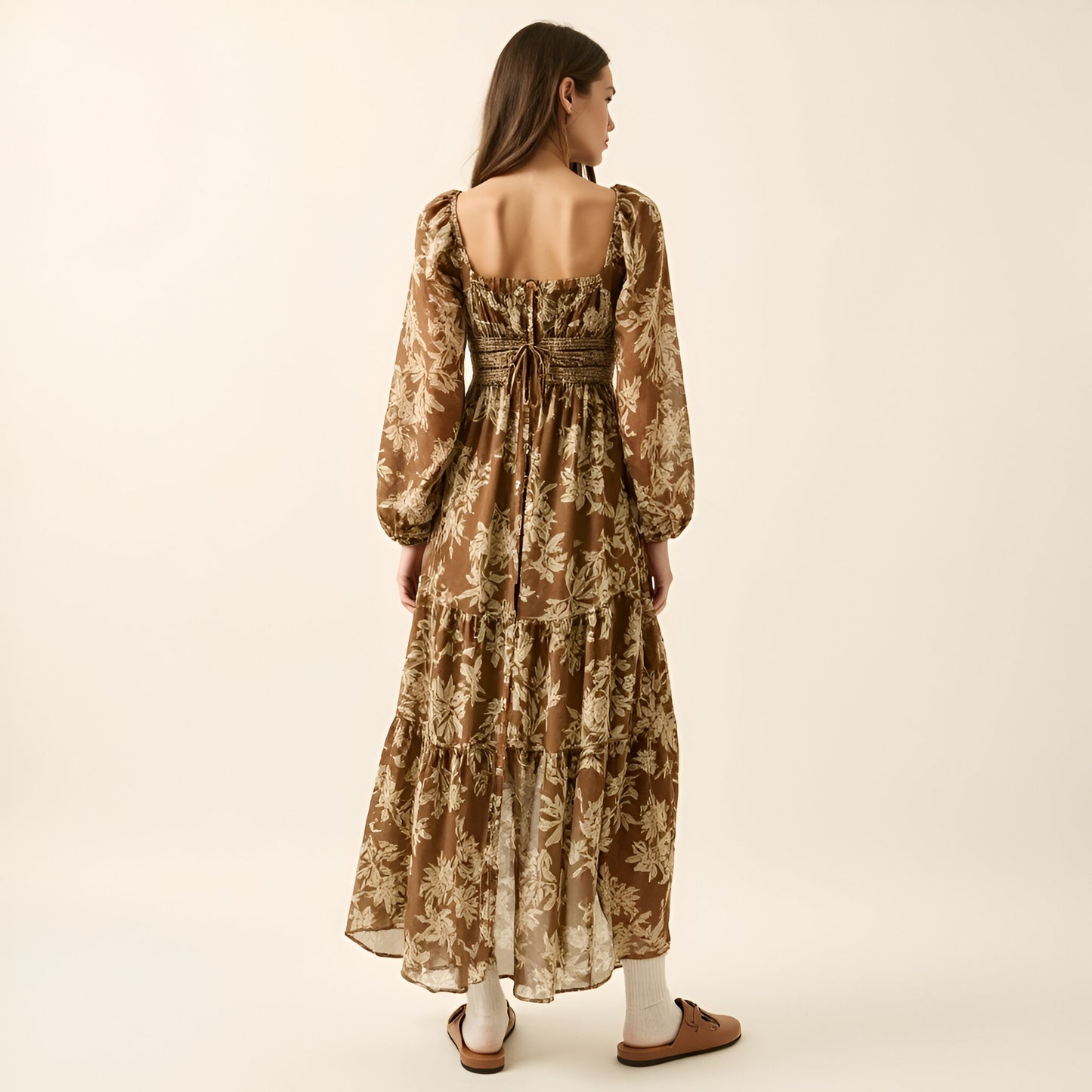 Floral Woven Maxi Dress with Lace Trim, Bubble Sleeves and Button Front
