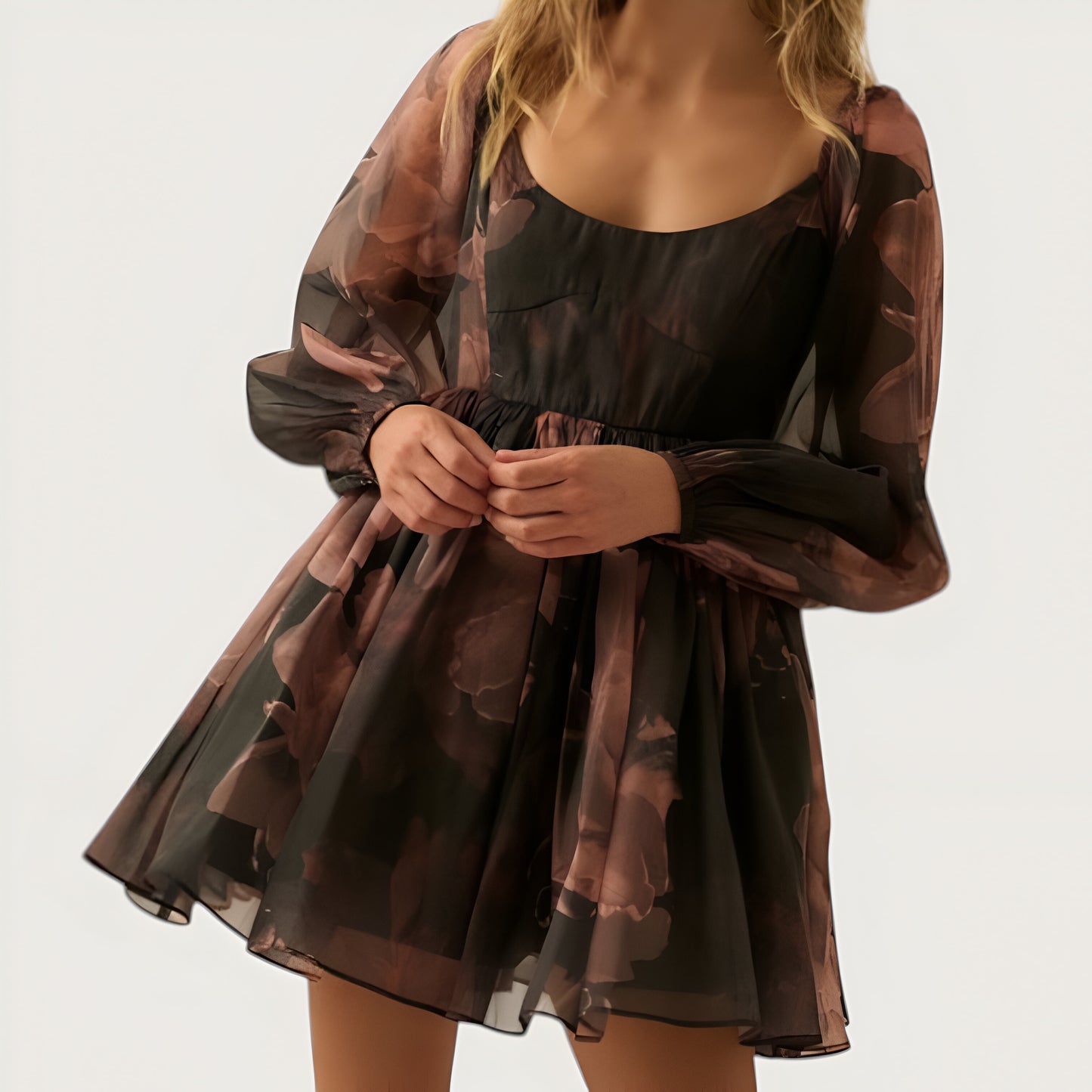 Floral Organza Mini Dress with Contour Bodice, Bubble Sleeves and Tulle-Layered Skirt