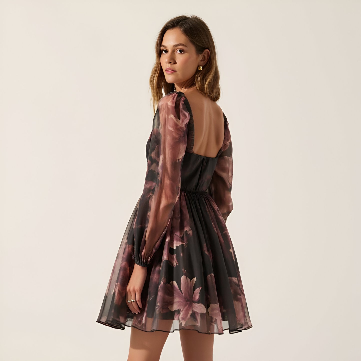 Floral Organza Mini Dress with Contour Bodice, Bubble Sleeves and Tulle-Layered Skirt