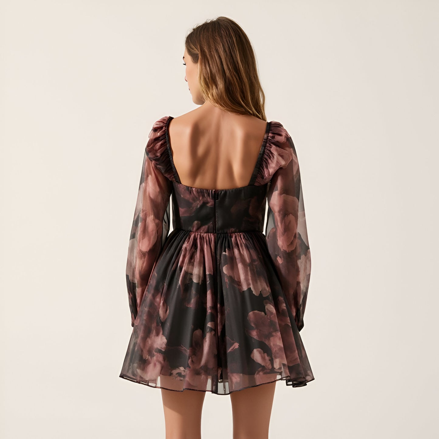 Floral Organza Mini Dress with Contour Bodice, Bubble Sleeves and Tulle-Layered Skirt
