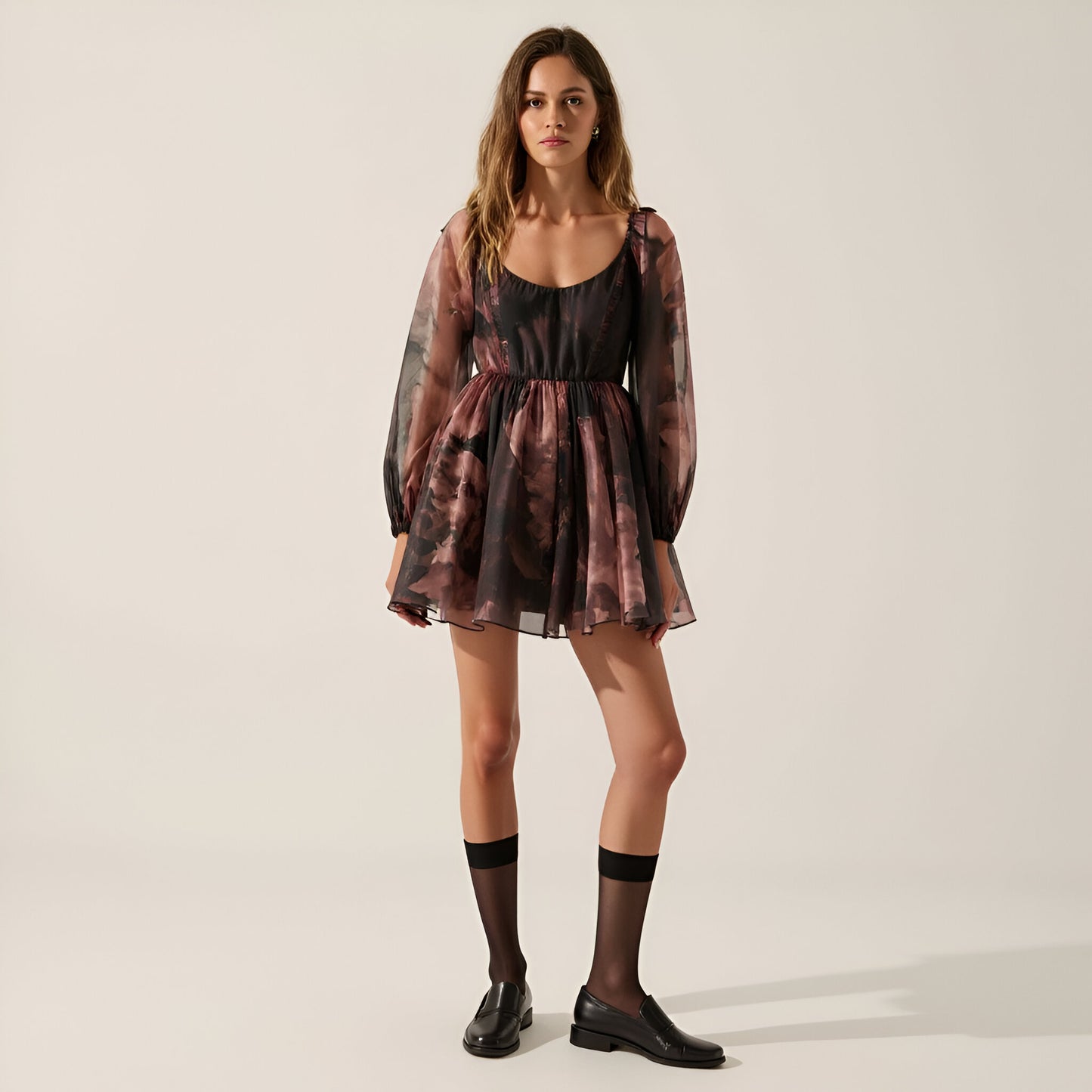 Floral Organza Mini Dress with Contour Bodice, Bubble Sleeves and Tulle-Layered Skirt