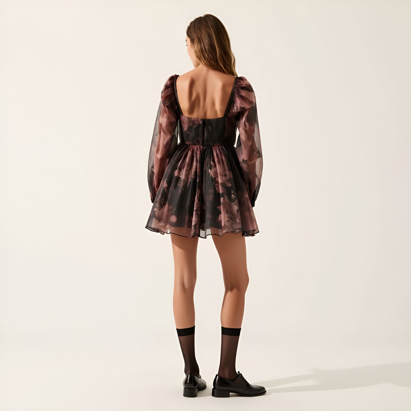 Floral Organza Mini Dress with Contour Bodice, Bubble Sleeves and Tulle-Layered Skirt