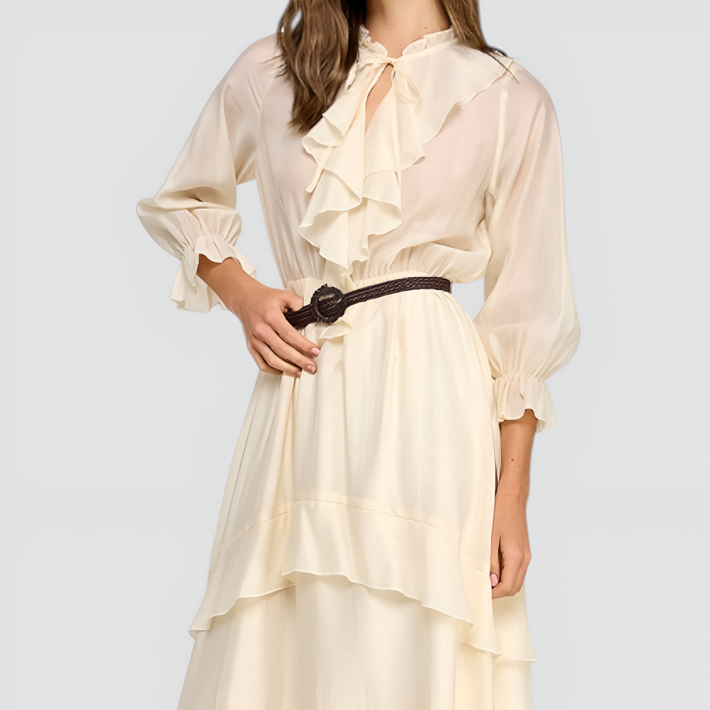 Long Sleeve Ruffle Front Midi Dress with Tiered Skirt and Belted Waist