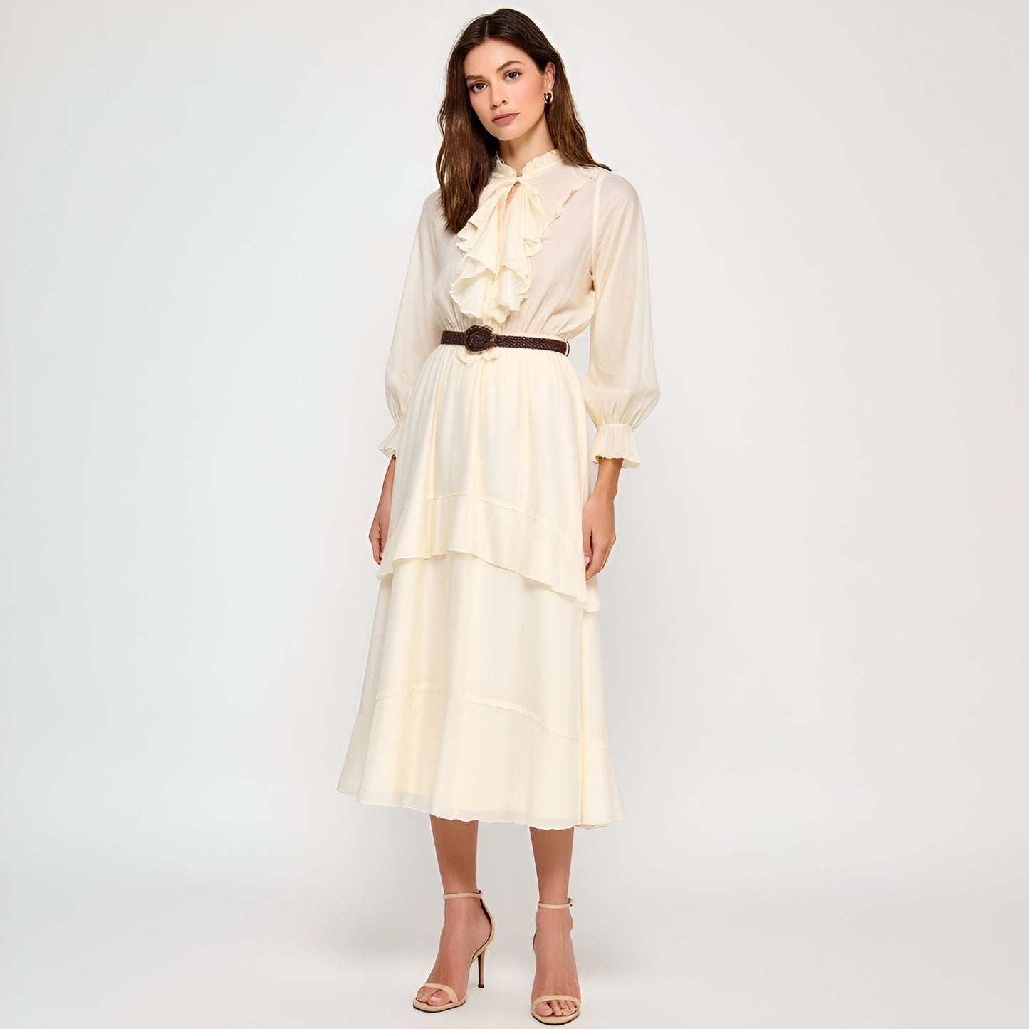 Long Sleeve Ruffle Front Midi Dress with Tiered Skirt and Belted Waist