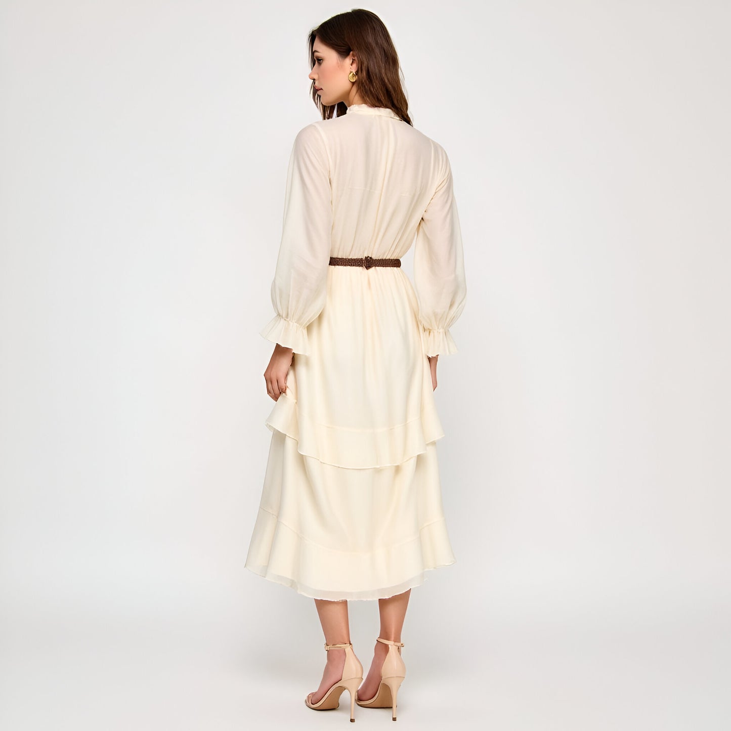 Long Sleeve Ruffle Front Midi Dress with Tiered Skirt and Belted Waist