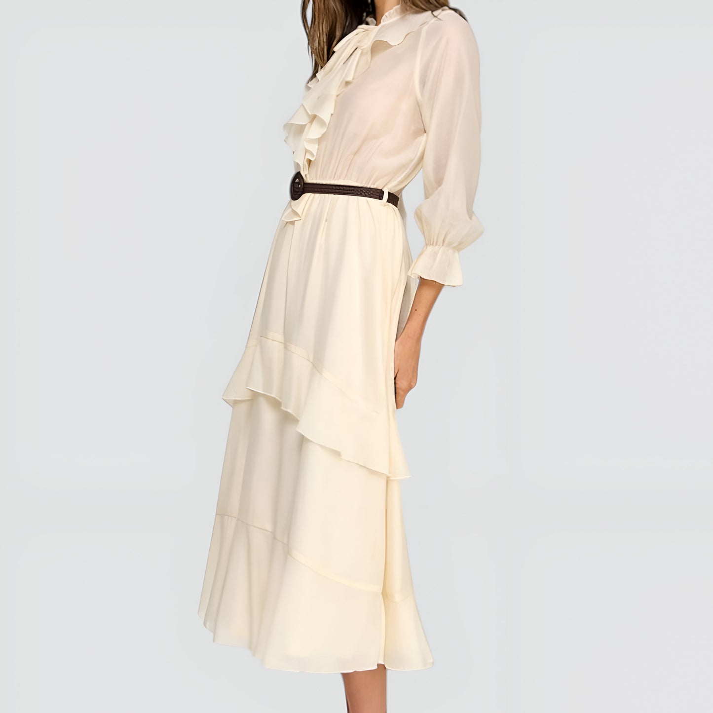Long Sleeve Ruffle Front Midi Dress with Tiered Skirt and Belted Waist