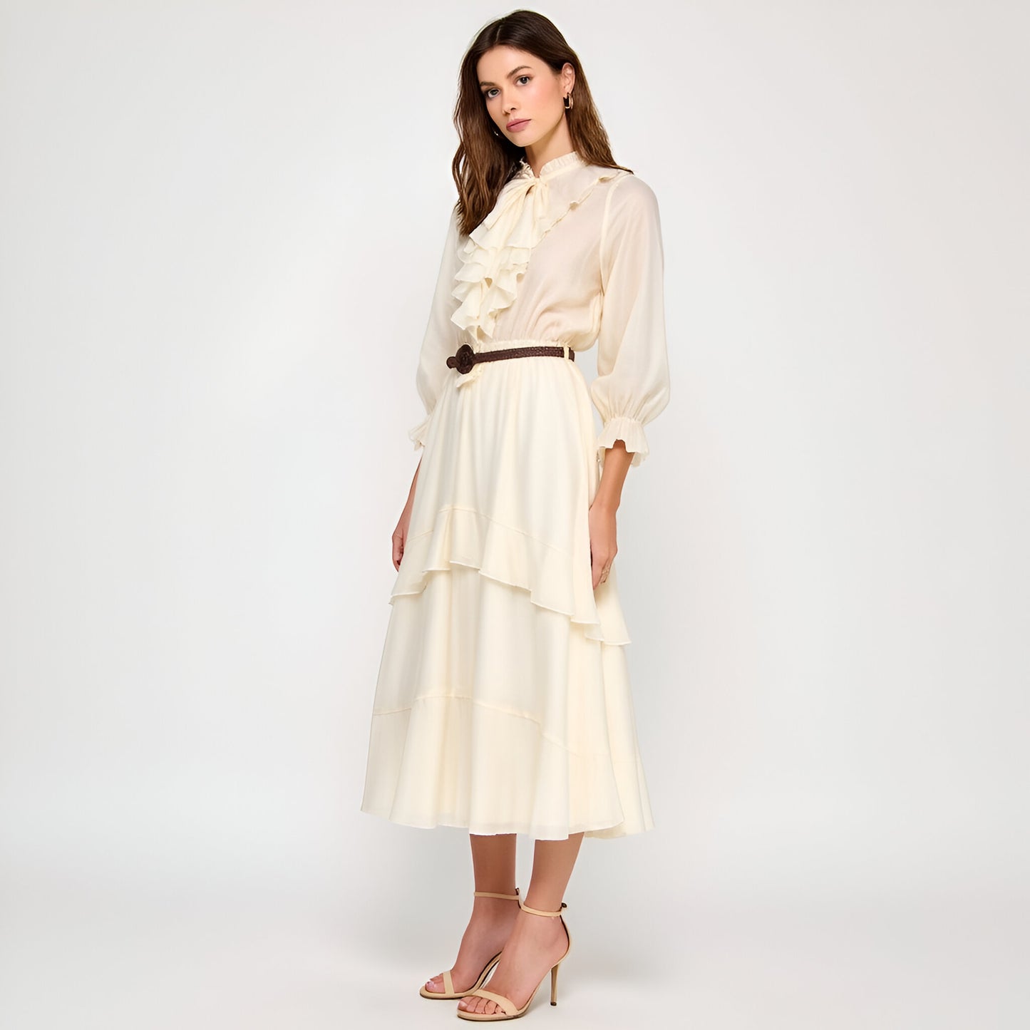 Long Sleeve Ruffle Front Midi Dress with Tiered Skirt and Belted Waist