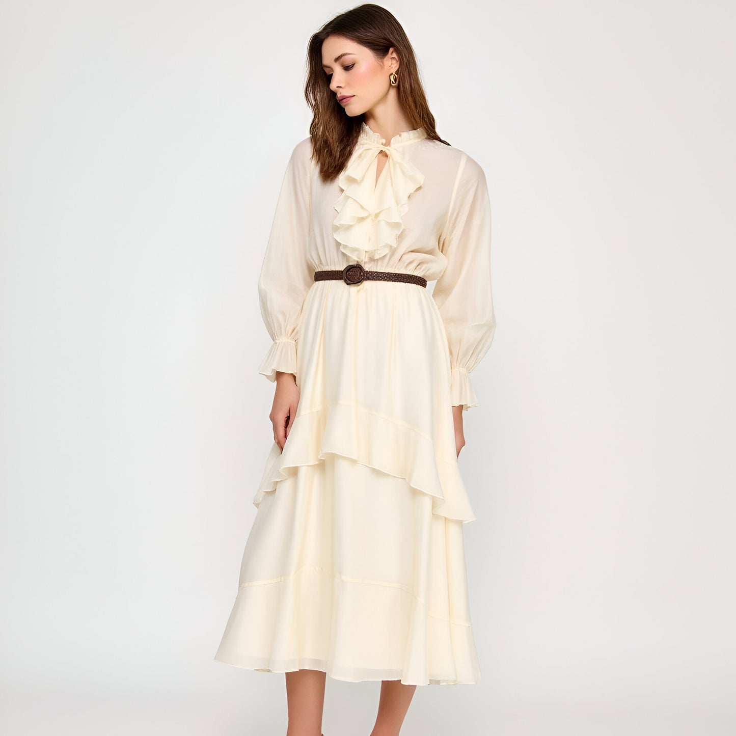 Long Sleeve Ruffle Front Midi Dress with Tiered Skirt and Belted Waist
