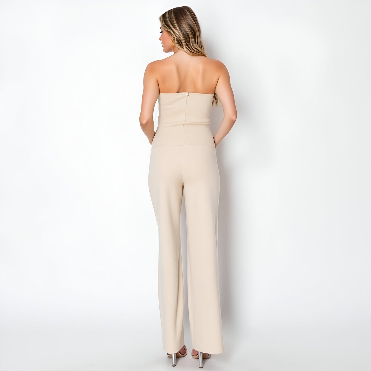 Strapless Button-Front Top and Wide-Leg Pants Set with Sleek Silhouette