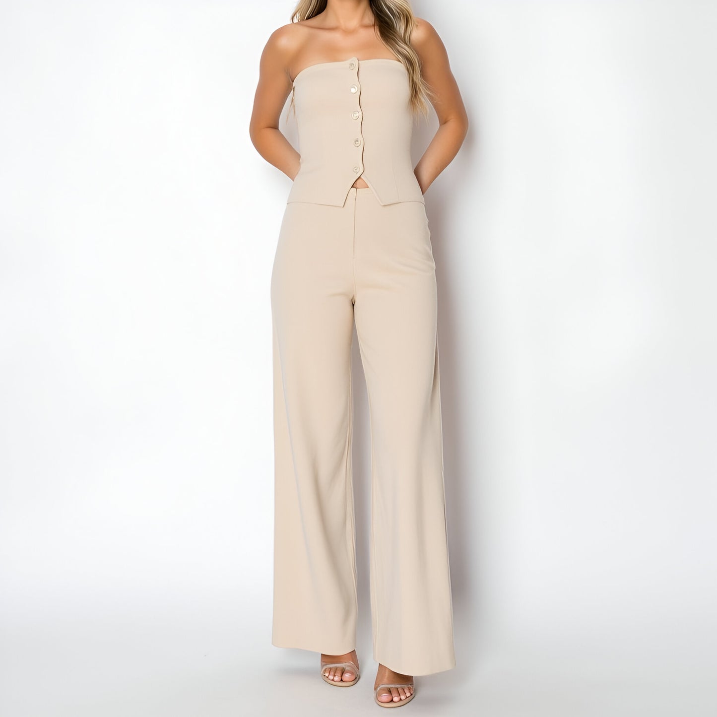 Strapless Button-Front Top and Wide-Leg Pants Set with Sleek Silhouette