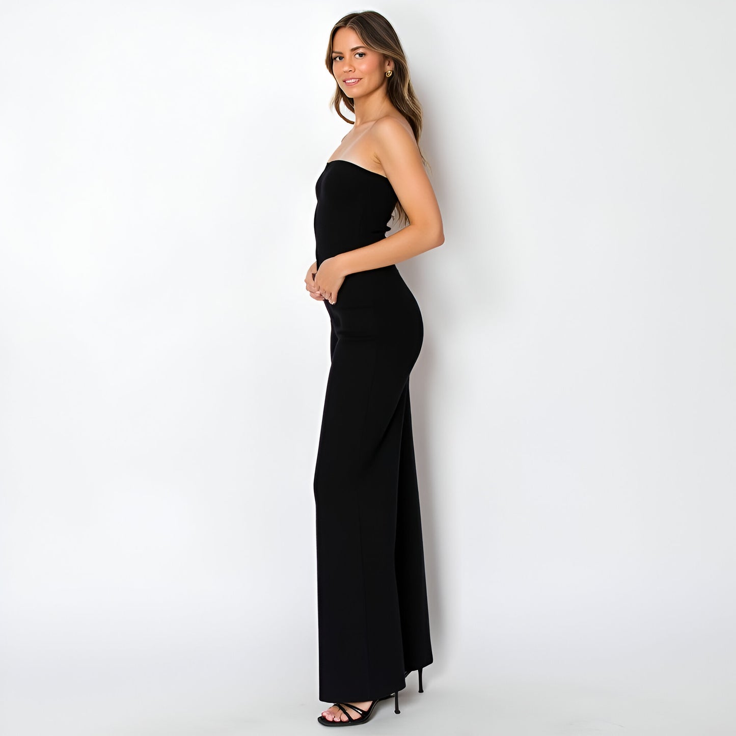 Strapless Button-Front Top and Wide-Leg Pants Set with Sleek Silhouette