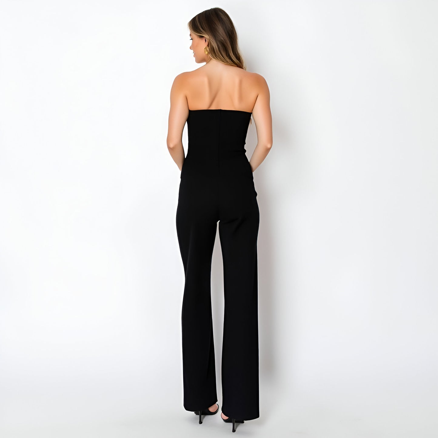 Strapless Button-Front Top and Wide-Leg Pants Set with Sleek Silhouette