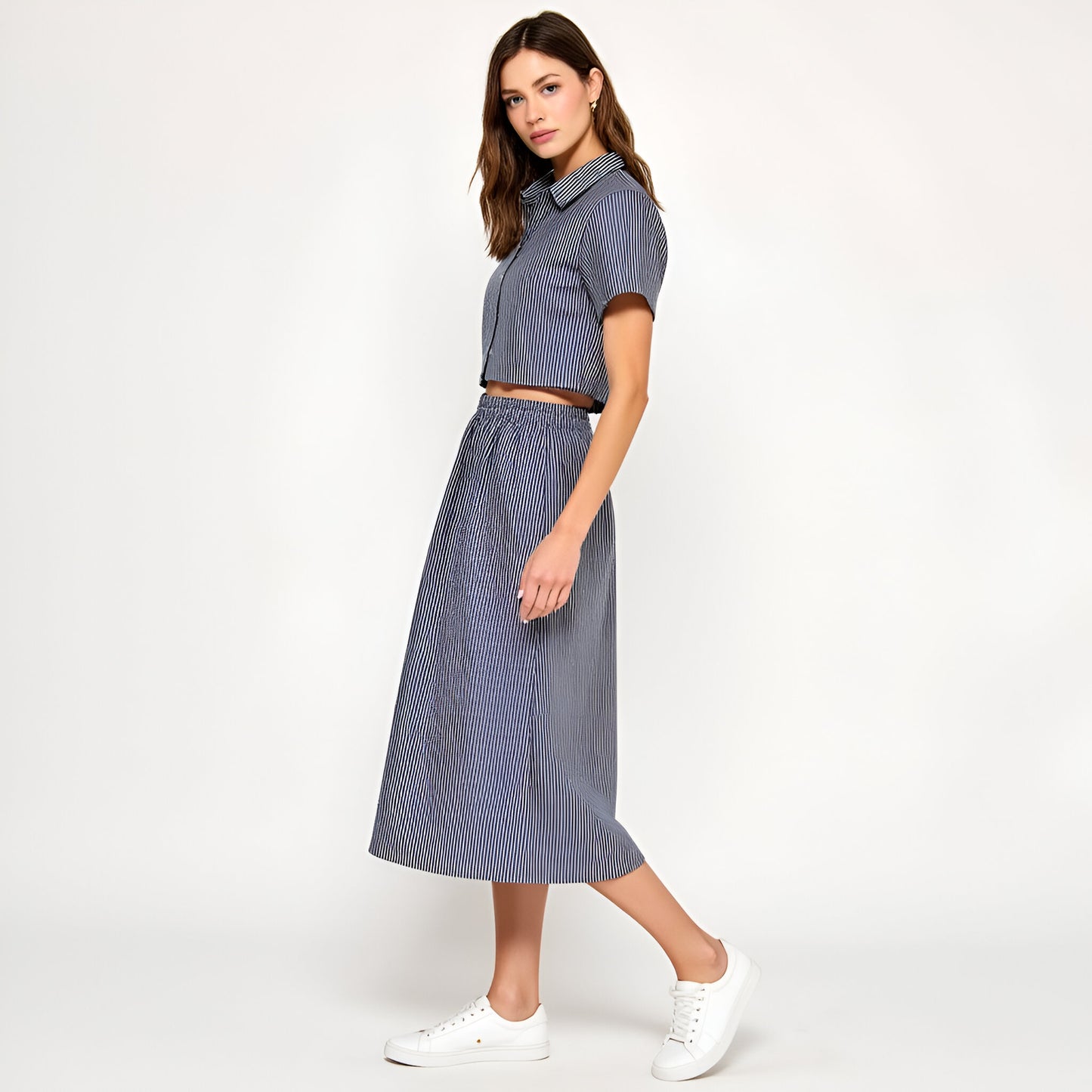 Striped Cropped Button-Up Shirt and Midi Skirt Set with Short Sleeves