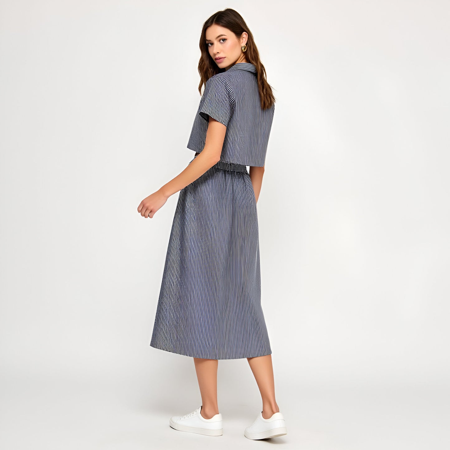 Striped Cropped Button-Up Shirt and Midi Skirt Set with Short Sleeves